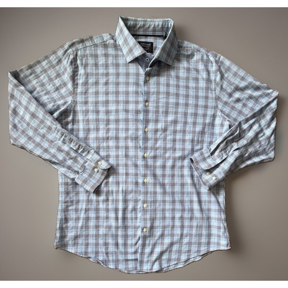 Nordstrom Tech Smart Long Sleeve Button Up Shirt Blue Plaid Trim 17 34-35 JBHS